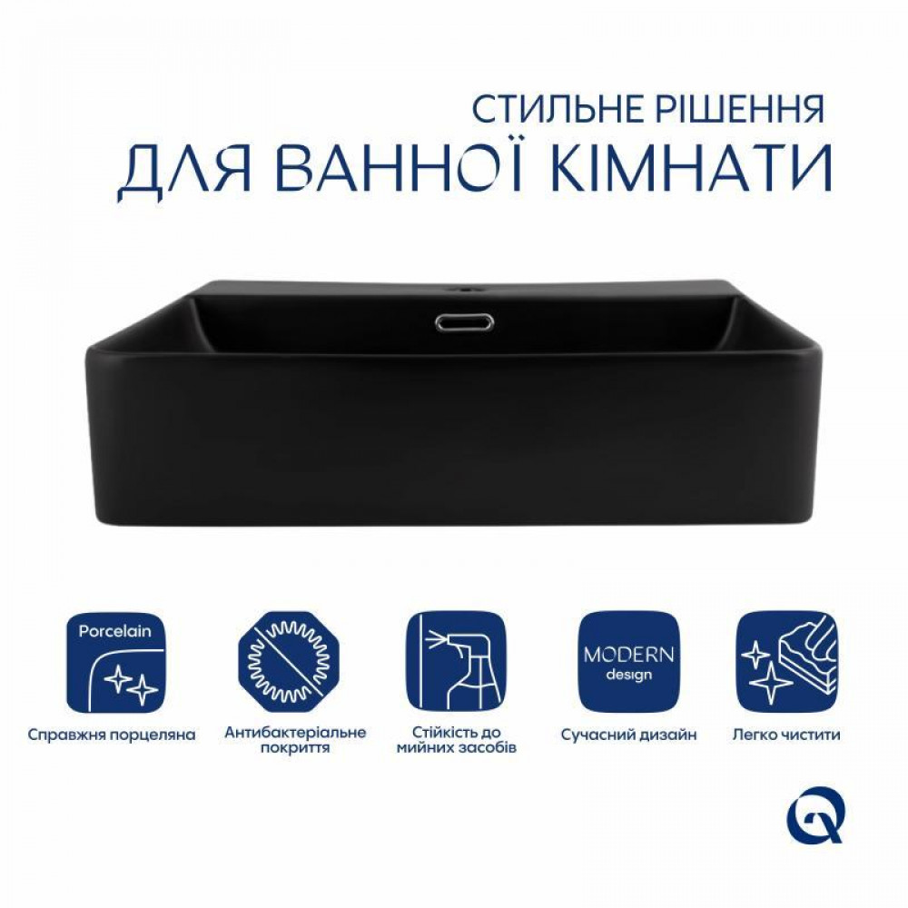 Комплект Qtap Nando LT: Раковина підвісна прамокутна 500х420х130 мм Matt Black + Донний клапан PU03O SD00053446
