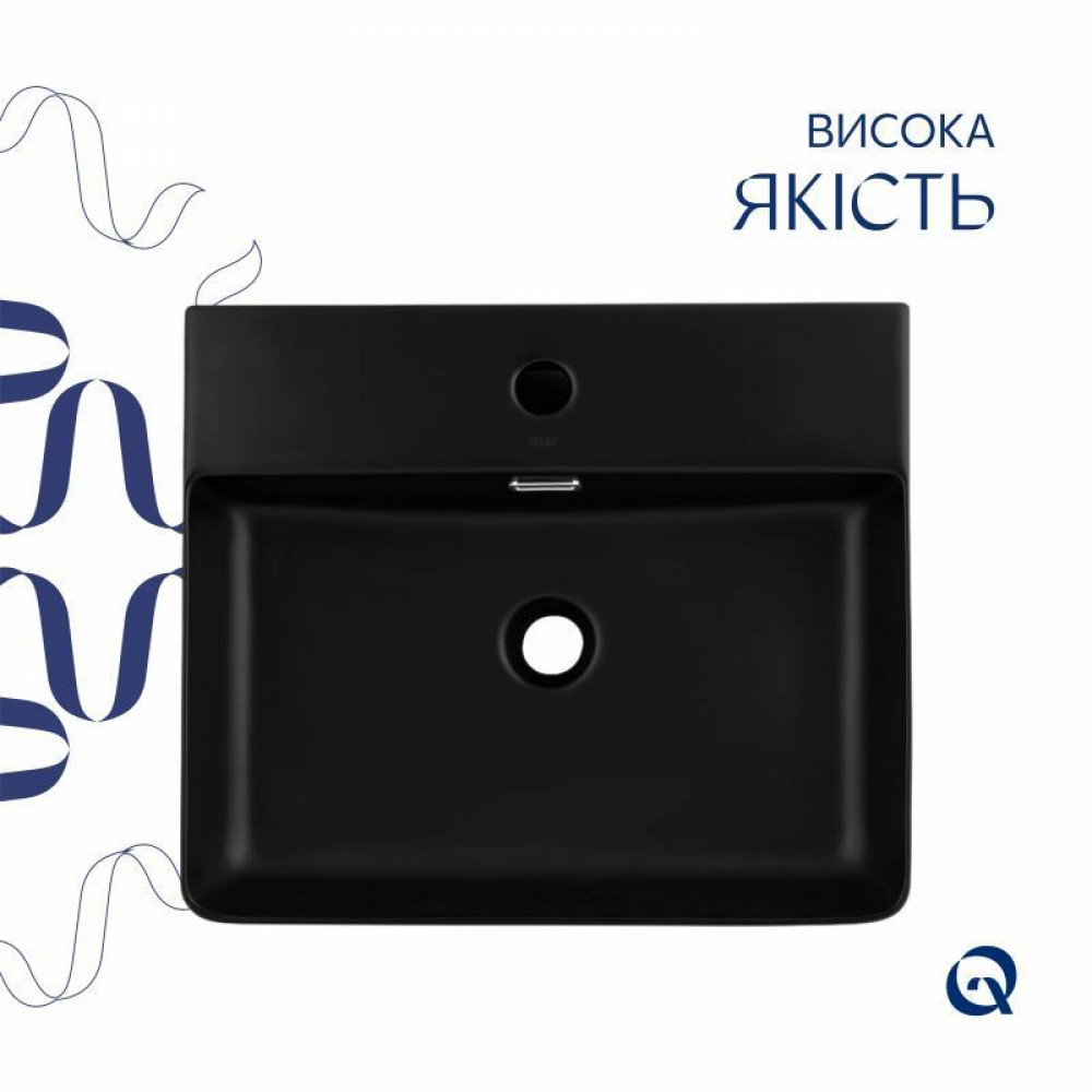 Комплект Qtap Nando LT: Раковина підвісна прамокутна 500х420х130 мм Matt Black + Донний клапан PU03O SD00053446