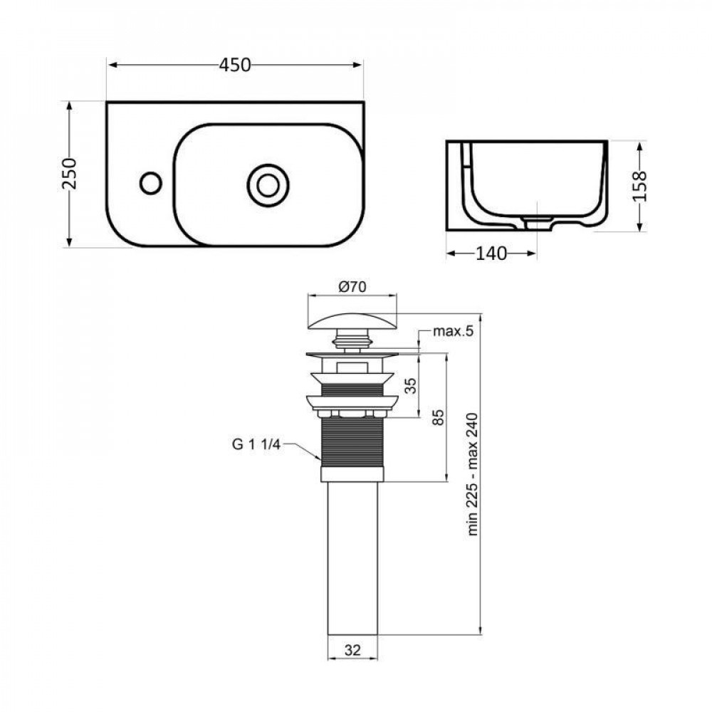 Комплект Qtap Tern: Раковина підвісна прамокутна ліва 450х260х155 мм White + Донний клапан PU02O SD00053451