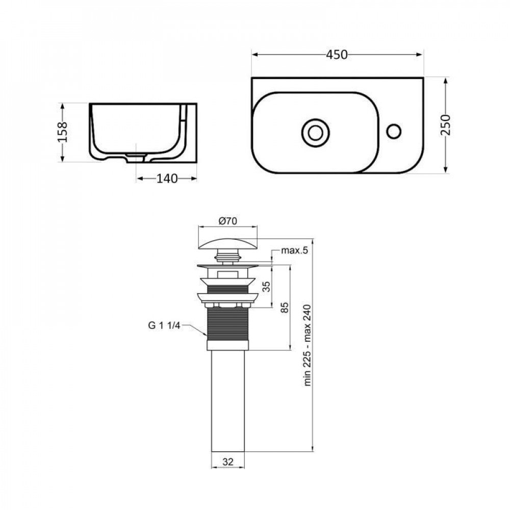 Комплект Qtap Tern: Раковина підвісна прамокутна права 450х260х155 мм White + Донний клапан PU02O SD00053452
