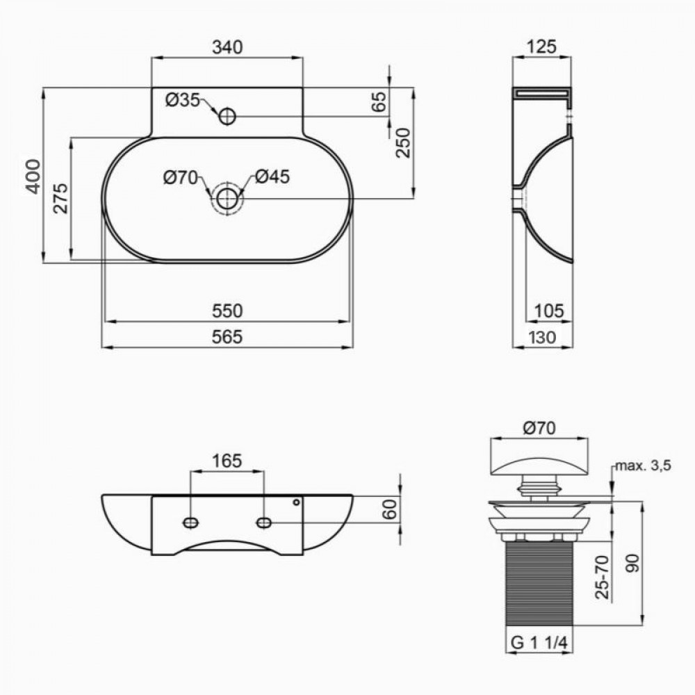 Комплект Qtap Cardinal: Раковина підвісна / накладна овальна 565х400х130 мм White + Донний клапан PU02 SD00053454