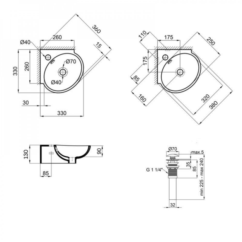 Комплект Qtap Leo N: Угловая овальная раковина подвесная 380x360x130 мм WHITE + Донный клапан PU02O SD00053455