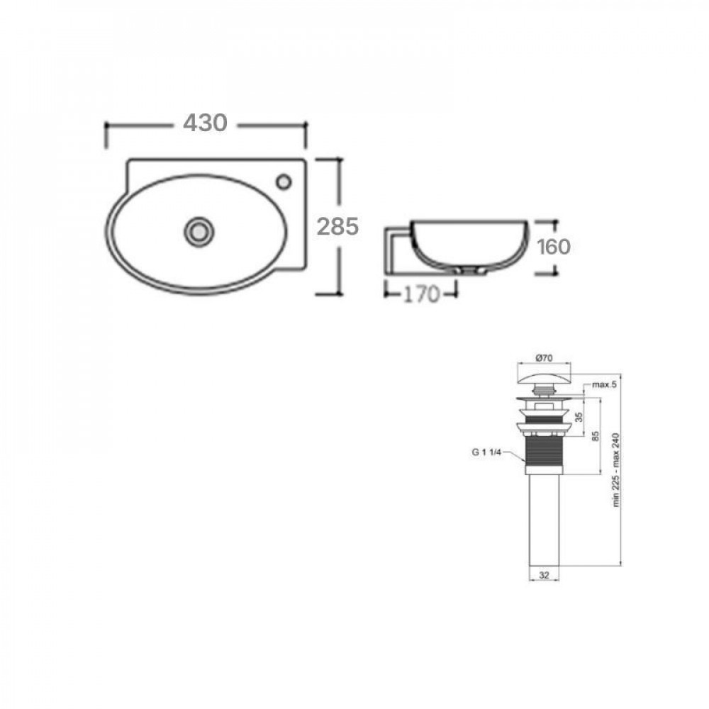 Комплект Qtap Leo: Раковина підвісна овальна ліва 430x290x140 мм White + Донний клапан PU02O SD00053456