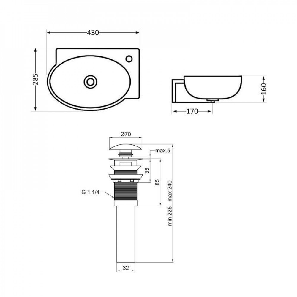 Комплект Qtap Leo: Раковина підвісна овальна права 430x290x140 мм White + Донний клапан PU02O SD00053457