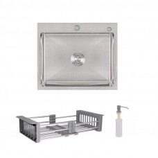 Комплект Lidz Handmade H6050 Мийка для кухні інтегрована Brushed у комплекті з дозатором + Lidz K01G Корзина