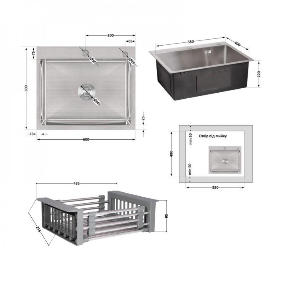 Комплект Lidz Handmade H6050 Мийка для кухні інтегрована Brushed у комплекті з дозатором + Lidz K01G Корзина для кухонної мийки SD00053644