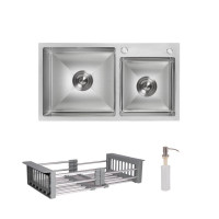 Комплект Lidz Handmade H7843 Мийка для кухні з двома чашами інтегрована Brushed у комплекті з дозатором + Lidz K01G Корзина для