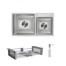 Комплект Lidz Handmade H7843 Мийка для кухні з двома чашами інтегрована Brushed у комплекті з дозатором + Lidz