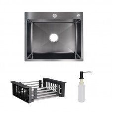 Комплект Lidz Handmade H6050B Мийка для кухні інтегрована BlackPVD у комплекті з дозатором + Lidz K01B Корзина