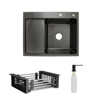 Комплект Lidz Handmade H6350BL Мийка для кухні інтегрована крило зліва BlackPVD у комплекті з дозатором + Lidz