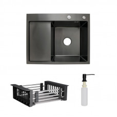 Комплект Lidz Handmade H6350BL Мийка для кухні інтегрована крило зліва BlackPVD у комплекті з дозатором + Lidz