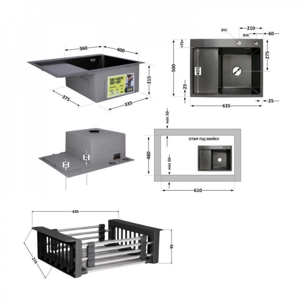 Комплект Lidz Handmade H6350BL Мийка для кухні інтегрована крило зліва BlackPVD у комплекті з дозатором + Lidz SD00053652