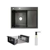 Комплект Lidz Handmade H6350BR Мийка для кухні інтегрована крило зправа BlackPVD у комплекті з дозатором + Lidz K01B Корзина для