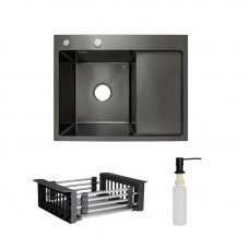 Комплект Lidz Handmade H6350BR Мийка для кухні інтегрована крило зправа BlackPVD у комплекті з дозатором +