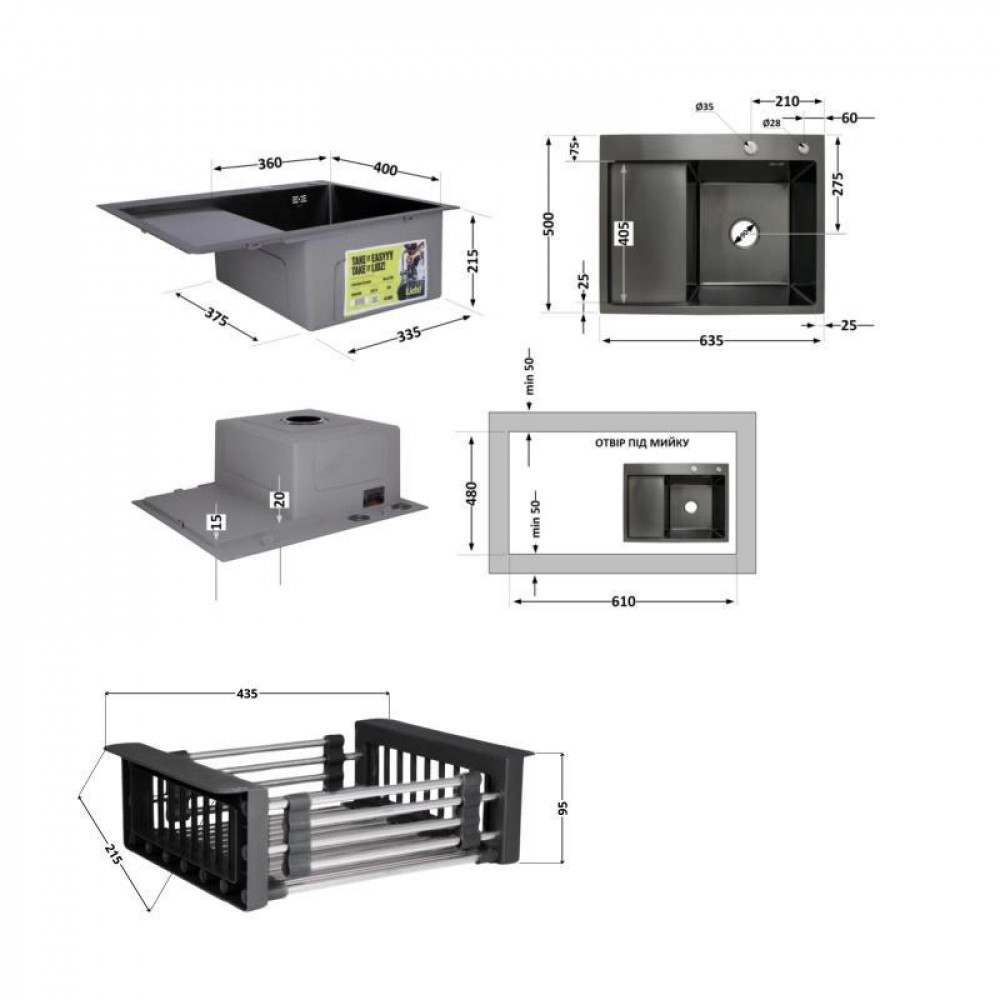 Комплект Lidz Handmade H6350BR Мийка для кухні інтегрована крило зправа BlackPVD у комплекті з дозатором + SD00053653