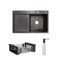 Комплект Lidz Handmade H7849BL Мийка для кухні інтегрована крило зліва BlackPVD у комплекті з дозатором + Lidz K01B Корзина для