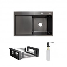 Комплект Lidz Handmade H7849BL Мийка для кухні інтегрована крило зліва BlackPVD у комплекті з дозатором + Lidz