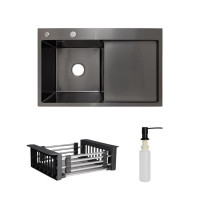 Комплект Lidz Handmade H7849BR Мийка для кухні інтегрована крило зправа BlackPVD у комплекті з дозатором + Lidz K01B Корзина для