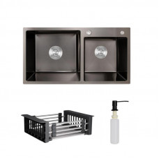 Комплект Lidz Handmade H7843 Мийка для кухні з двома чашами інтегрована BlackPVD у комплекті з дозатором +