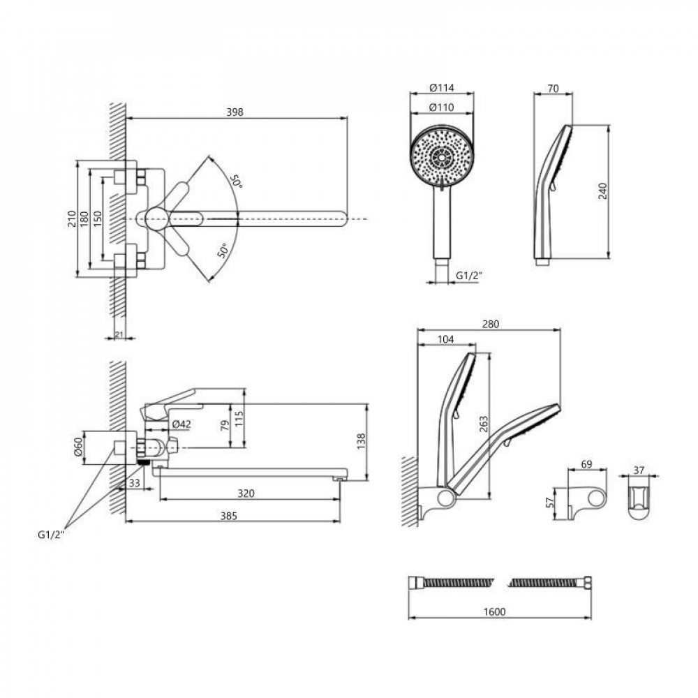 Змішувач латунний для ванни Lidz Astra 005 з поворотним виливом (з душовим гарнітуром) (k35) LDAST005CRM48088 Chrome SD00054212