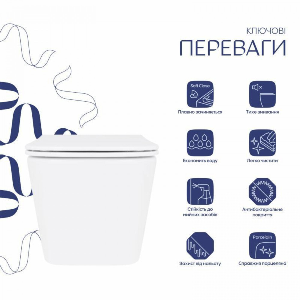 Унітаз підвісний Crow Rimless 485х340х330 мм, White, з сидінням Slim Duroplast/ Soft-close/ Quick Release QT05335171RW Qtap SD00054228