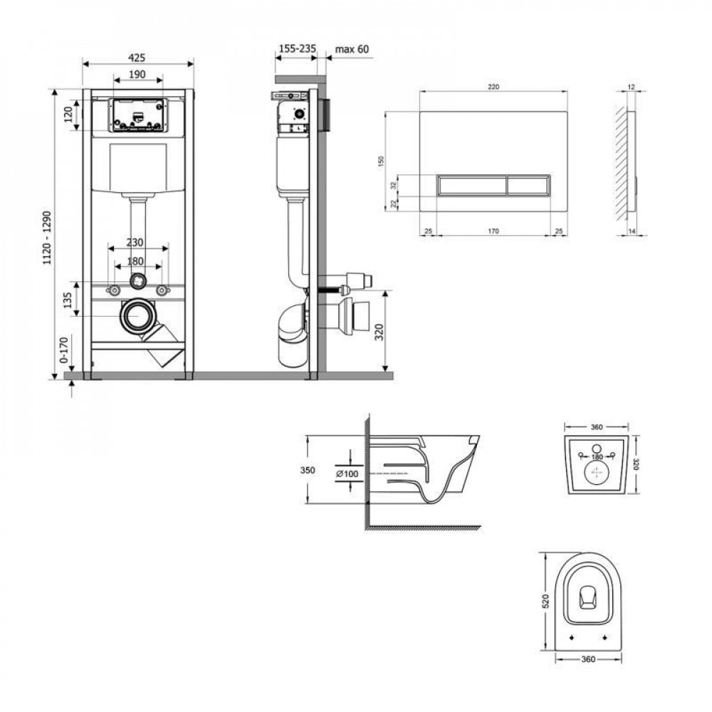 Готове рішення Qtap для ванної кімнати: підвісний унітаз Swan Ultra Quiet 520x360x320 + комплект інсталяції Nest 4 в 1 (лінійна SD00054306