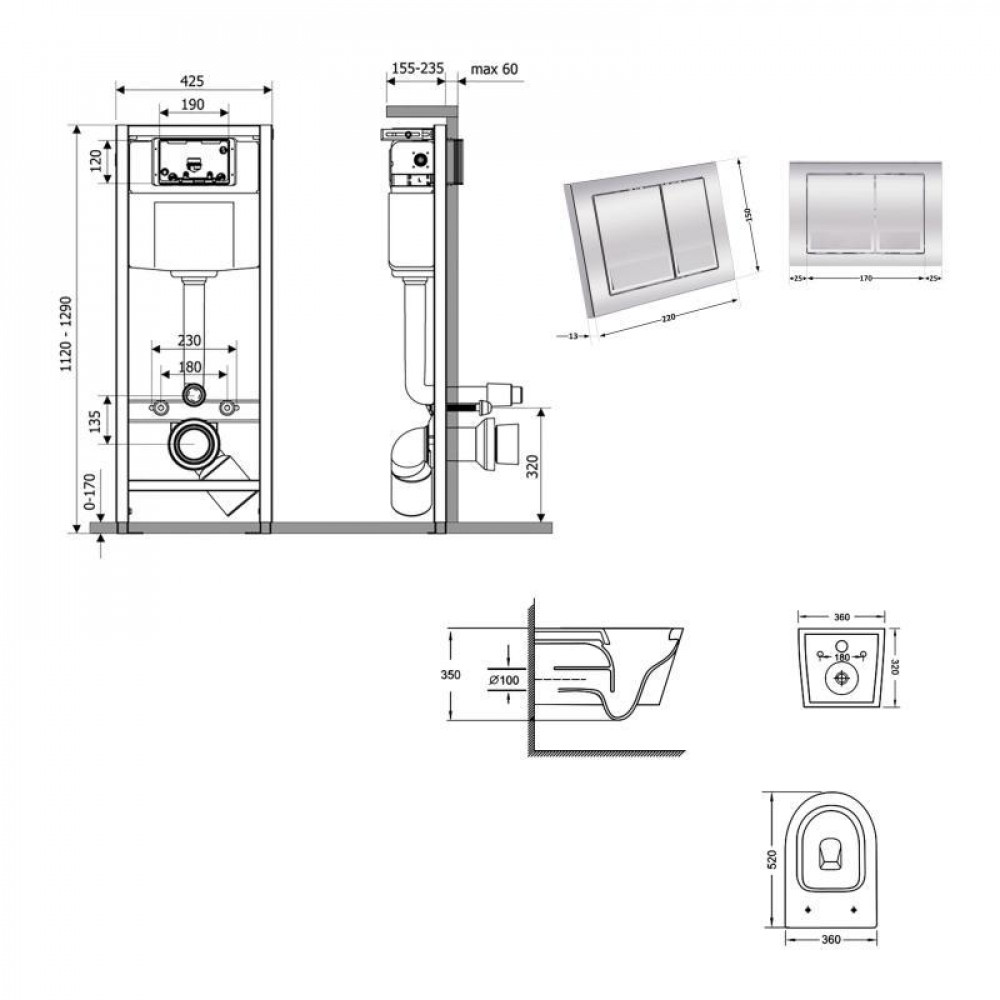 Готове рішення Qtap для ванної кімнати: підвісний унітаз Jay Ultra Quiet 520x360x320 + комплект інсталяції Nest 4 в 1 (квадратна SD00054310