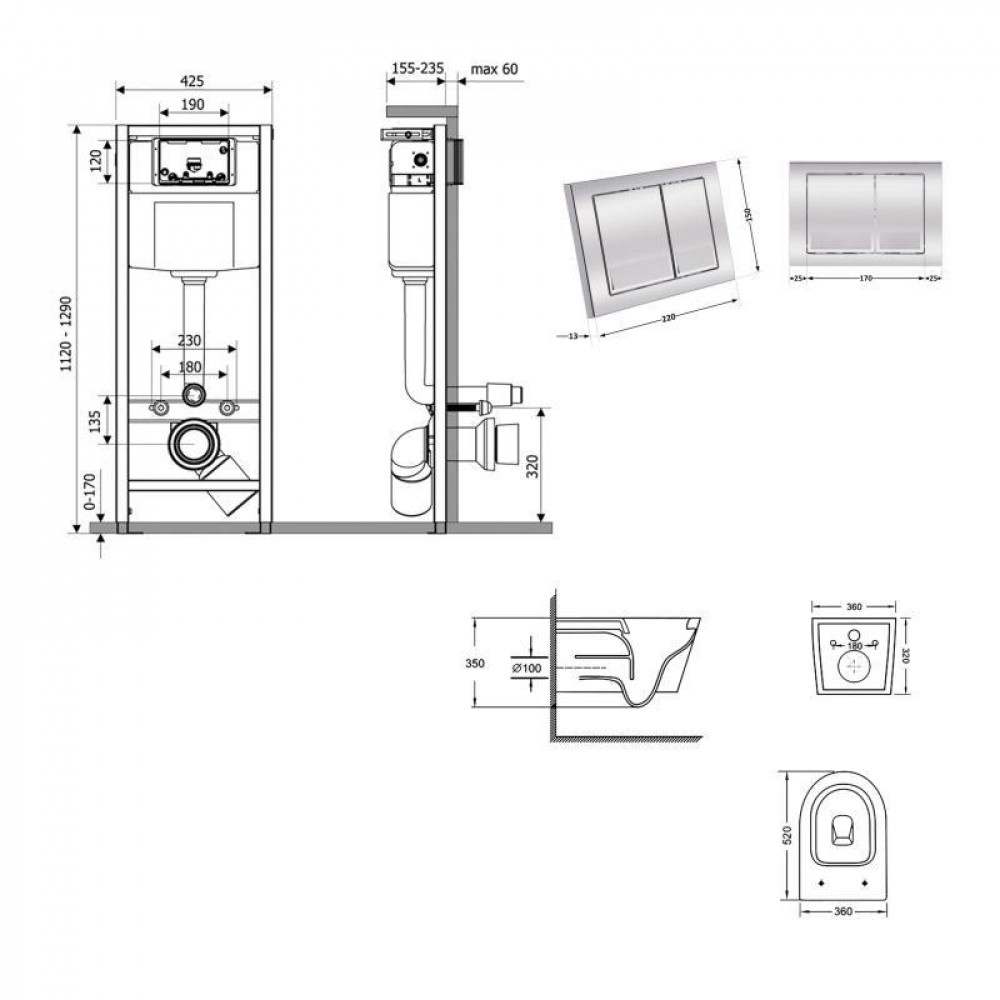 Готове рішення Qtap для ванної кімнати: підвісний унітаз Swan Ultra Quiet 520x360x320 + комплект інсталяції Nest 4 в 1 (квадратна SD00054312