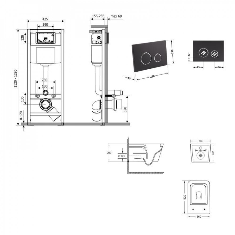 Готове рішення Qtap для ванної кімнати: підвісний унітаз Crow Ultra Quiet 520x360x290 + комплект інсталяції SD00054317