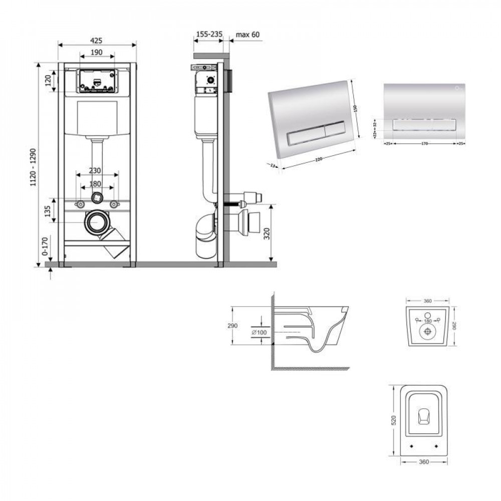 Готове рішення Qtap для ванної кімнати: підвісний унітаз Crow Ultra Quiet 520x360x290 + комплект інсталяції Nest 4 в 1 (лінійна SD00054323