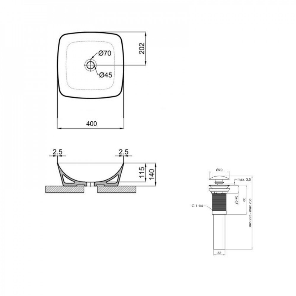 Комплект Qtap Kolibri: Раковина накладная 400x400x140 мм, White, квадратная + Донный клапан Pop-up PU02 SD00054590