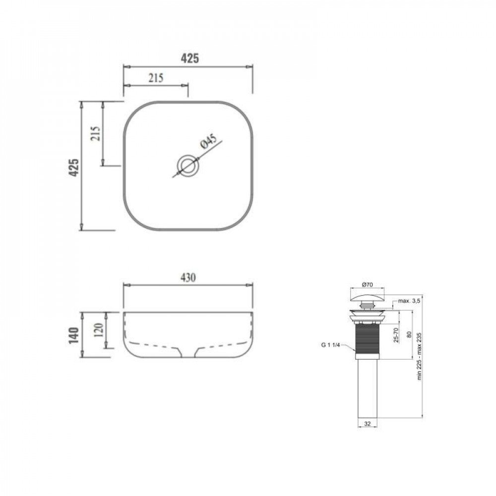 Комплект Qtap Kolibri: Раковина накладная 425x425x140 мм, White, квадратная + Донный клапан Pop-up PU02 SD00054592