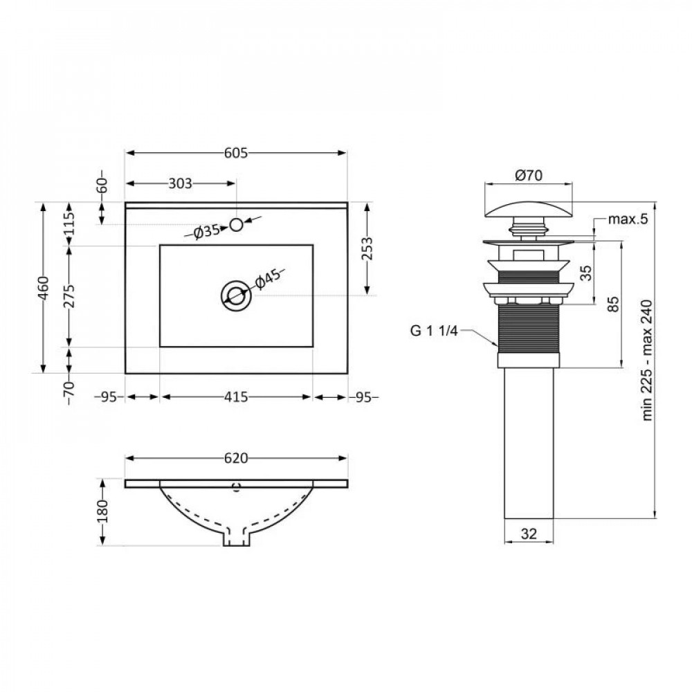 Комплект Albatross: Раковина врізна меблева 620x460x180 мм, White, прямокутна + Донний клапан Pop-up PU02O SD00054597