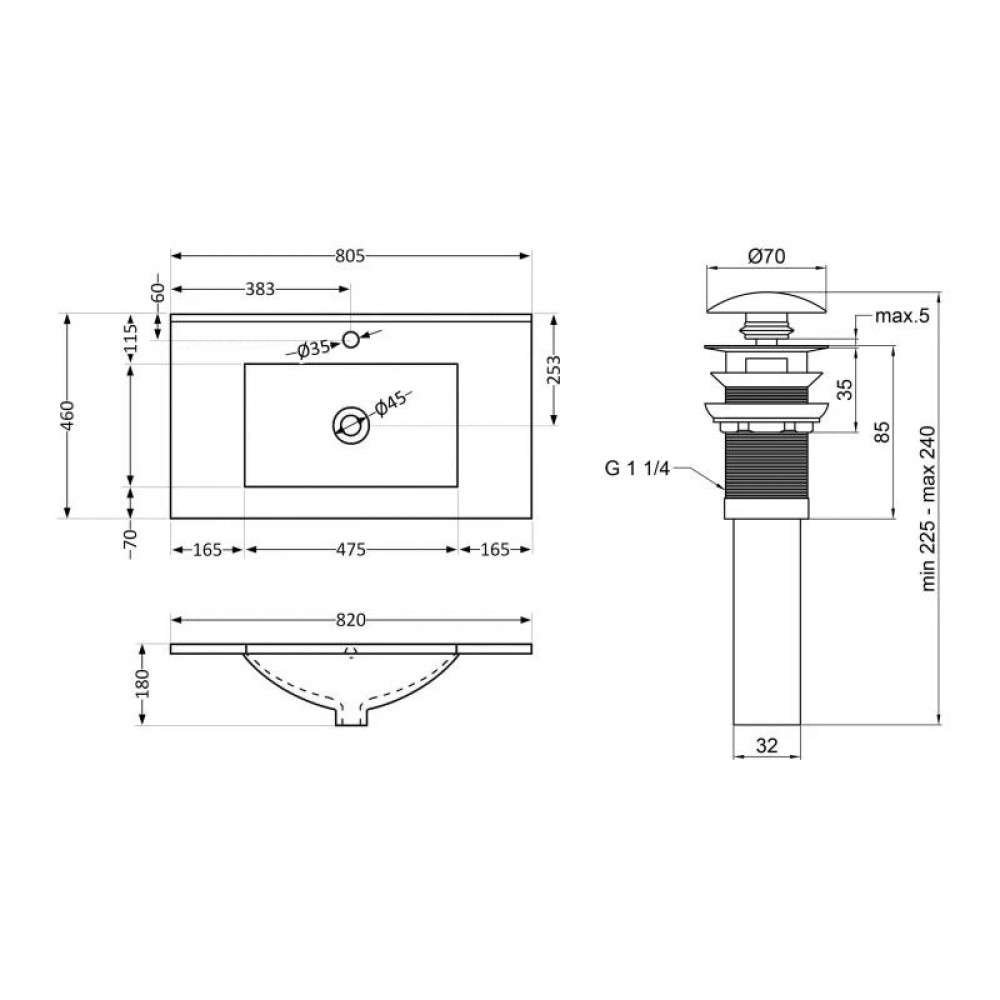 Комплект Albatross: Раковина врізна меблева 820x460x180 мм, White, прямокутна + Донний клапан Pop-up PU02O SD00054599