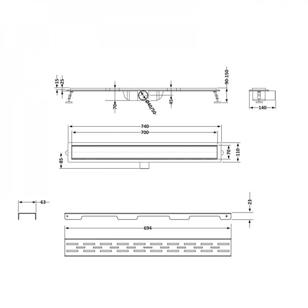 Комплект Qtap Taurus FD700 (BLA) Лінійний трап із нержавіючої сталі із сухим затвором 700 мм SD00055027