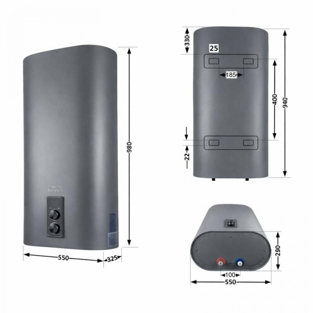 Водонагрівач електричний Thermo Alliance 80 л Grey, плоский вертикальний, мокрий ТЕН 2 кВт (0,8+1,2) DT80V20G(PD)/2G SD00055140