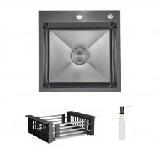 Комплект Lidz Handmade H5050HB Мийка для кухні інтегрована Decor Black PVD Honeycomb у комплекті з дозатором + Lidz K01G Корзина