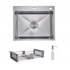 Комплект Lidz Handmade H6050H Мийка для кухні інтегрована Decor Honeycomb у комплекті з дозатором + Lidz K01G Корзина для кухонної