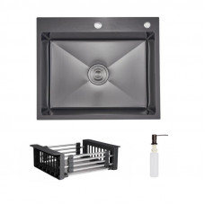 Комплект Lidz Handmade H6050HB Мийка для кухні інтегрована Decor Black PVD Honeycomb у комплекті з дозатором + Lidz K01G Корзина