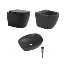 Комплект Qtap Robin Anthracite 3 в 1: підвісний унітаз Ultra Quiet + біде підвісне + раковина накладна QTROBAN49157