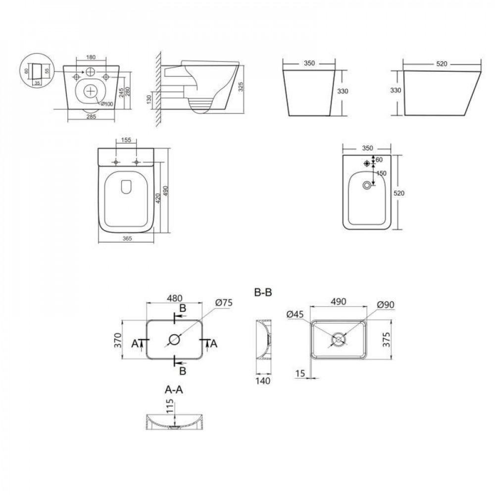 Комплект Qtap Tern Anthracite 3 в 1: підвісний унітаз Ultra Quiet + біде підвісне + раковина накладна QTROBAN49157 SD00055285