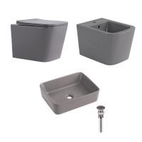 Комплект Qtap Tern Stone grey 3 в 1: подвесной унитаз Ultra Quiet + биде подвесное + раковина накладная QTERSG49162