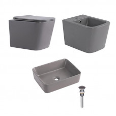 Комплект Qtap Tern Stone grey 3 в 1: підвісний унітаз Ultra Quiet + біде підвісне + раковина накладна QTTERSG49162