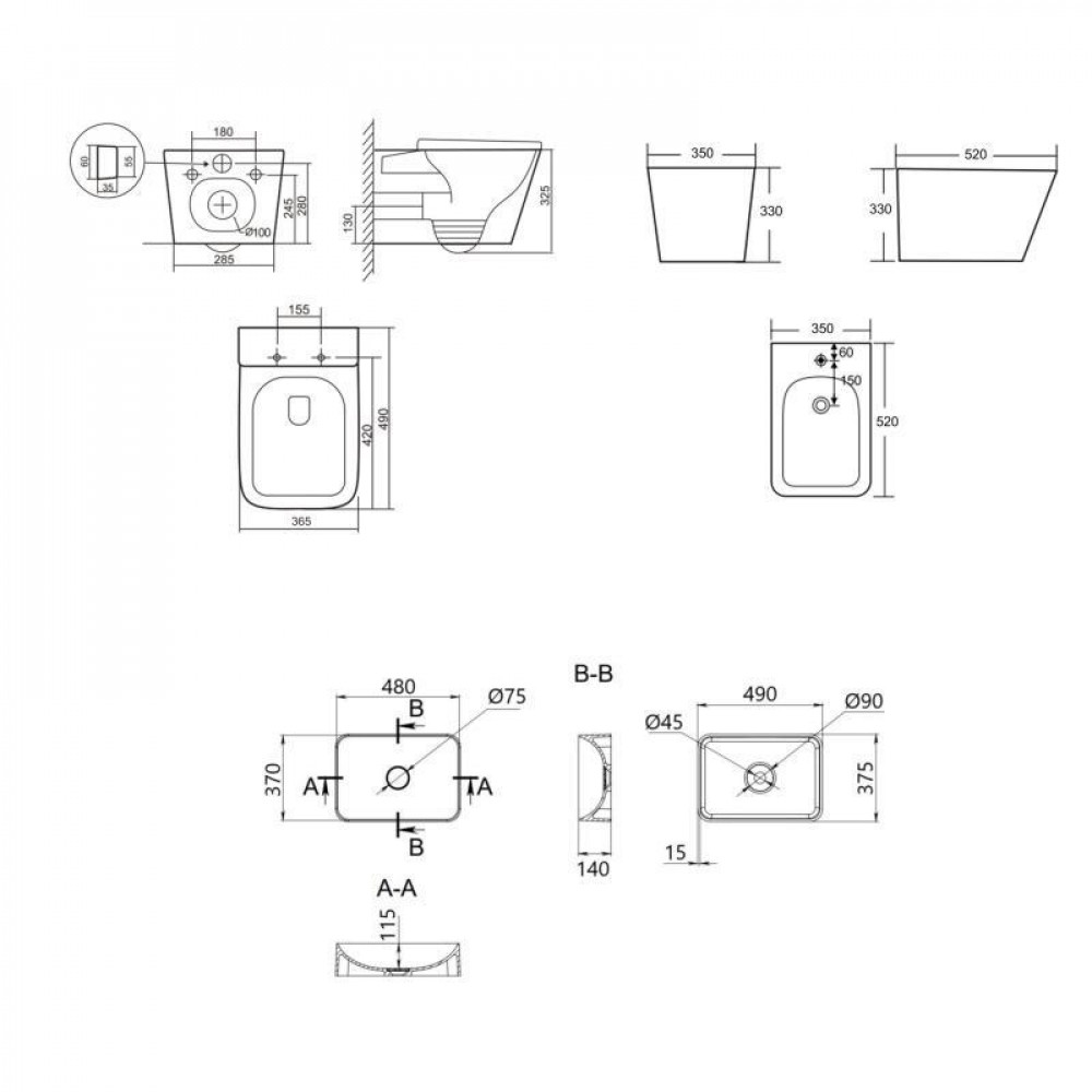 Комплект Qtap Tern Stone grey 3 в 1: підвісний унітаз Ultra Quiet + біде підвісне + раковина накладна QTTERSG49162 SD00055286