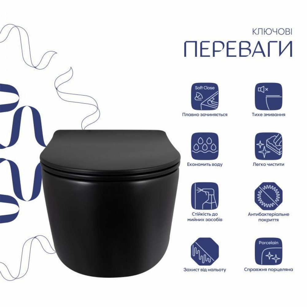 Унітаз підвісний Qtap Taurus Ultra Quiet 515×360×350 мм, Matt Black, з сидінням Slim Duroplast / Soft-close / Quick Release SD00056628