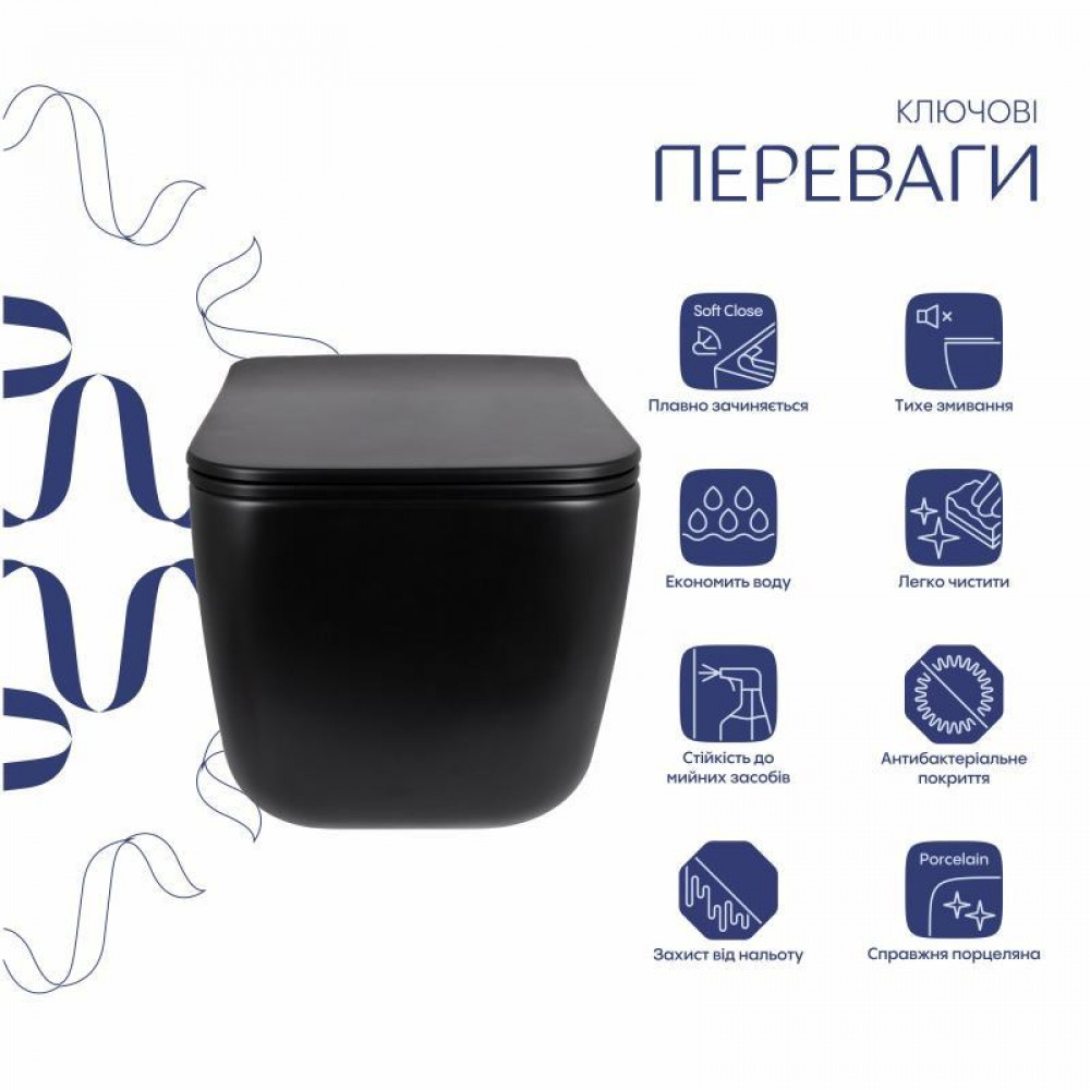 Унітаз підвісний Qtap Gemini Ultra Quiet 485×340×350 мм, Matt Black, з сидінням Slim Duroplast / Soft-close / Quick Release SD00056629