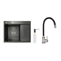 Акционный набор Lidz: мойка H6350BR интегрированная крыло дело Brushed Black PVD 3,0/1,0 мм + Смеситель Aria для кухни с гибким