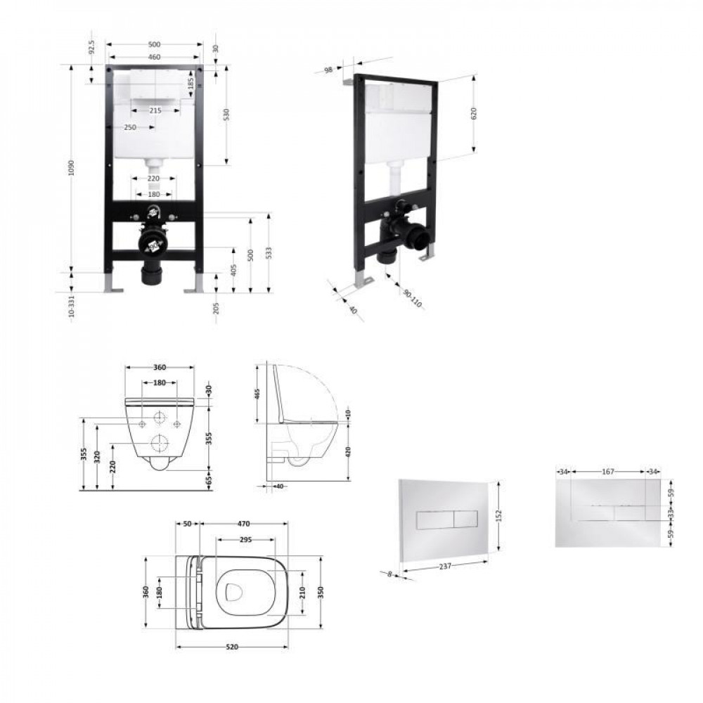 Готове рішення Qtap для ванної кімнати: підвісний унітаз Crow Rimless 520x360x290 + комплект інсталяції Standard (лінійна клавіша SD00057748