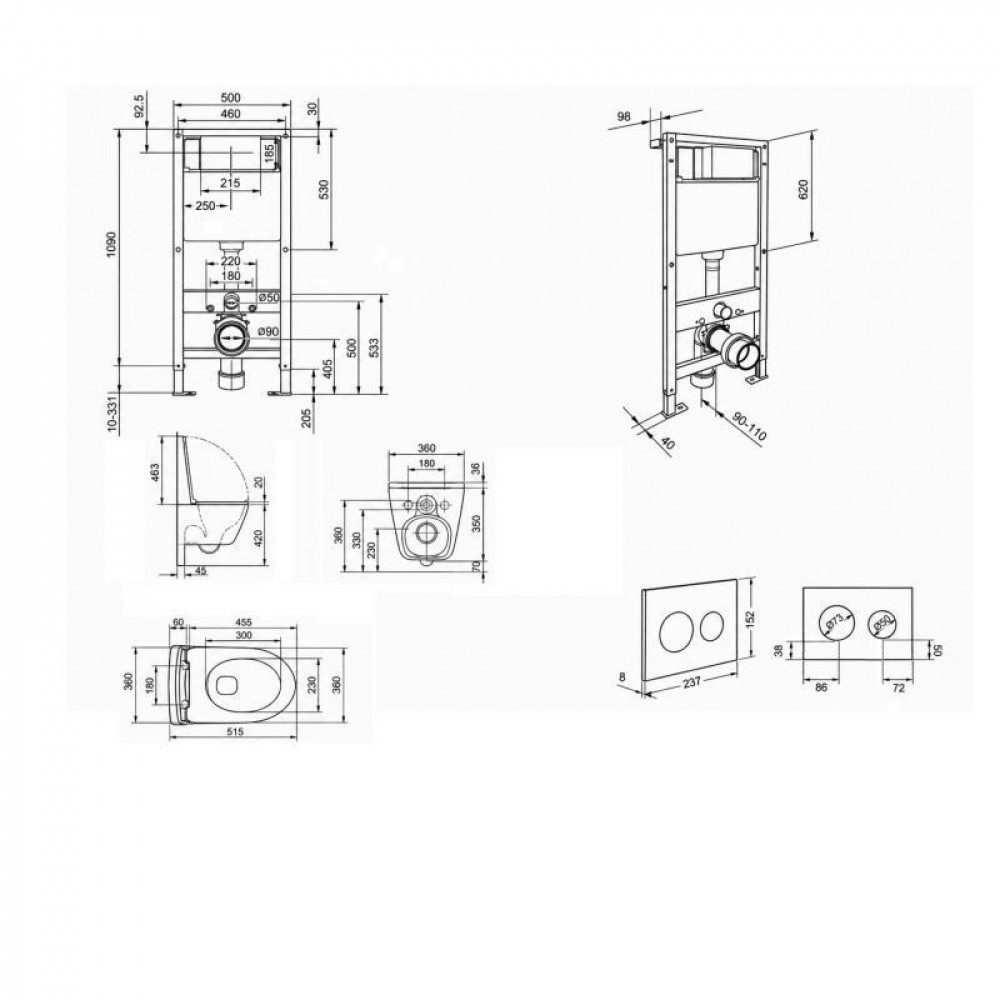 Готовое решение Qtap для ванной комнаты: подвесной унитаз Taurus Ultra Quiet 515x360x350 + комплект установки Standard (круглая SD00057847