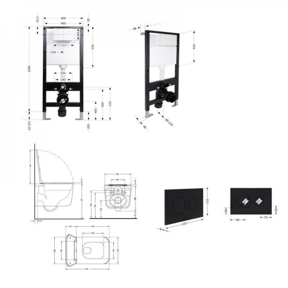 Готовое решение Qtap для ванной комнаты: подвесной унитаз Gemini Ultra Quiet 520x360x350 + комплект установки Standard (круглая SD00057855